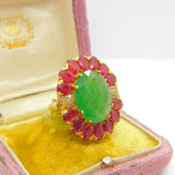 Large 9ct Gold, Jadeite, Ruby & Diamond Floral Statement Ring Vintage c1980