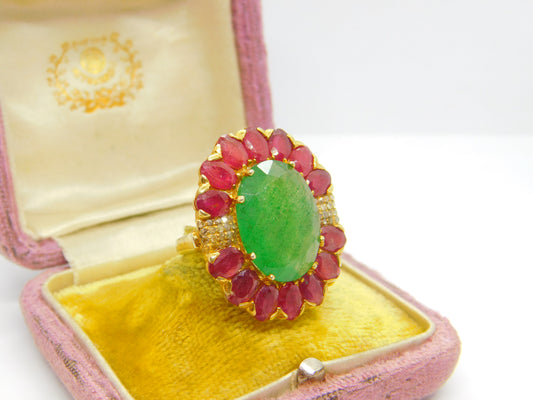 Large 9ct Gold, Jadeite, Ruby & Diamond Floral Statement Ring Vintage c1980