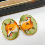 Victorian Boxed 18ct Yellow Gold & Enamel Fox Mask Gents Cufflinks Antique c1880