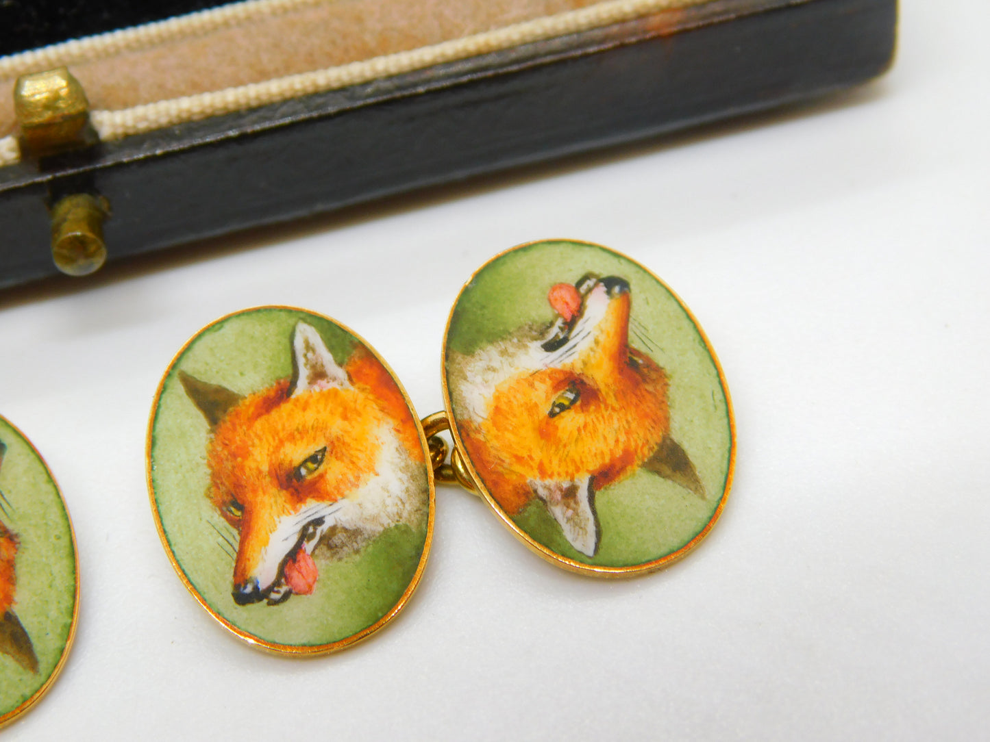 Victorian Boxed 18ct Yellow Gold & Enamel Fox Mask Gents Cufflinks Antique c1880