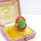 Large 9ct Gold, Jadeite, Ruby & Diamond Floral Statement Ring Vintage c1980