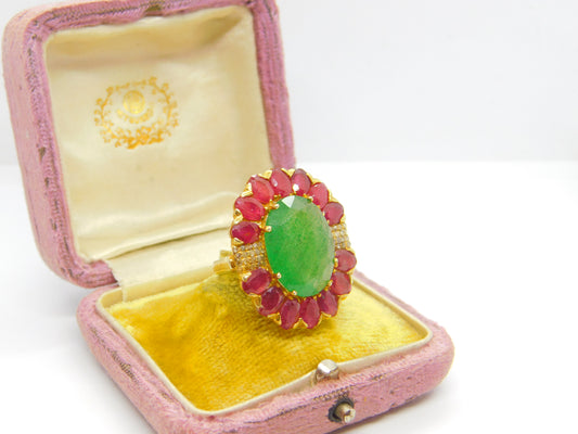 Large 9ct Gold, Jadeite, Ruby & Diamond Floral Statement Ring Vintage c1980