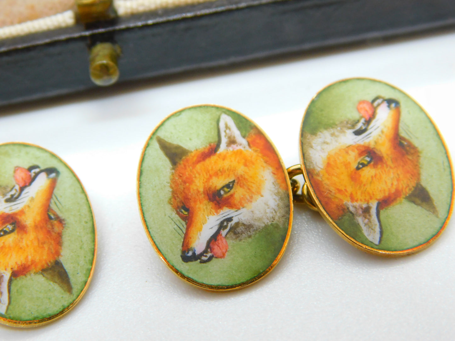 Victorian Boxed 18ct Yellow Gold & Enamel Fox Mask Gents Cufflinks Antique c1880