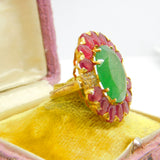 Large 9ct Gold, Jadeite, Ruby & Diamond Floral Statement Ring Vintage c1980
