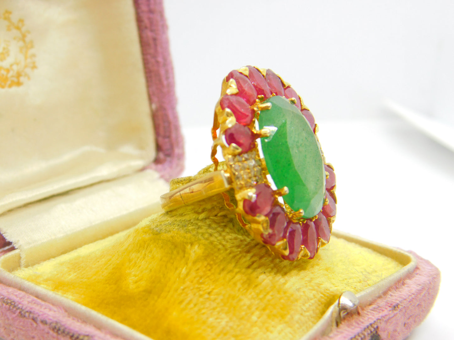 Large 9ct Gold, Jadeite, Ruby & Diamond Floral Statement Ring Vintage c1980