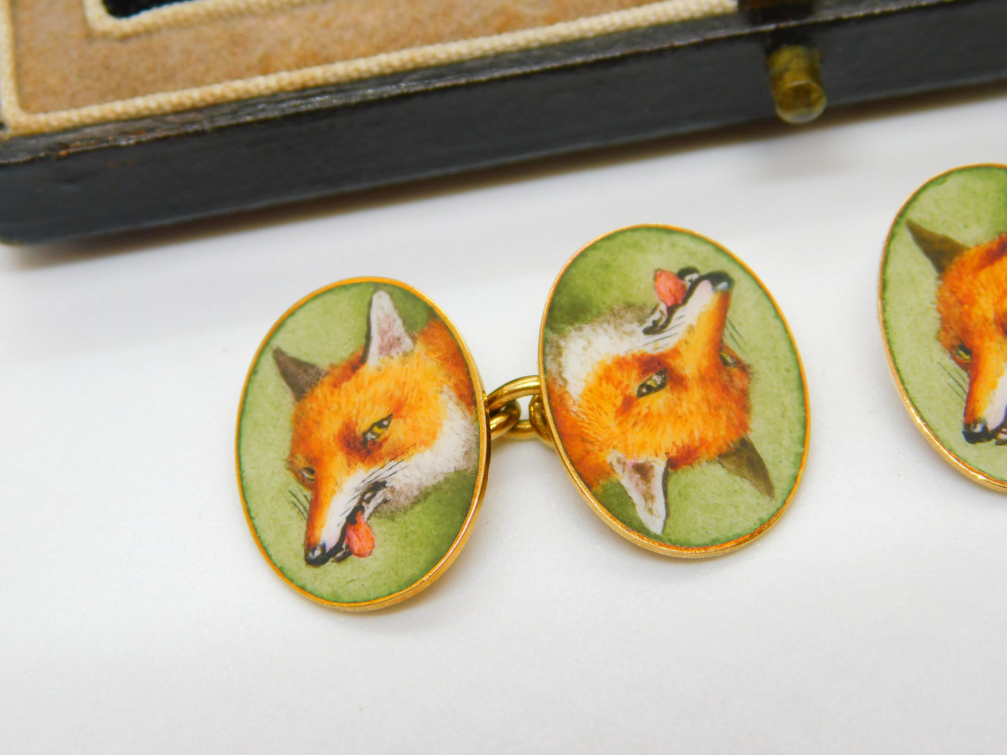 Victorian Boxed 18ct Yellow Gold & Enamel Fox Mask Gents Cufflinks Antique c1880