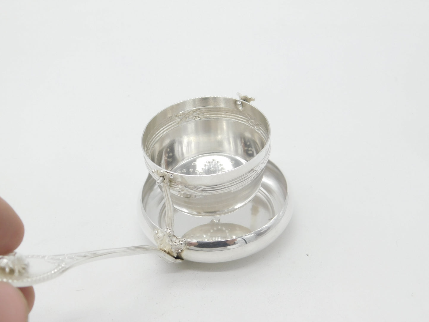 Victorian Dutch Sterling Silver Tea Strainer with Bowl Honey Bee Detail Antique