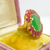 Large 9ct Gold, Jadeite, Ruby & Diamond Floral Statement Ring Vintage c1980