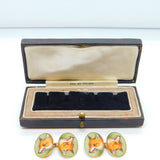 Victorian Boxed 18ct Yellow Gold & Enamel Fox Mask Gents Cufflinks Antique c1880