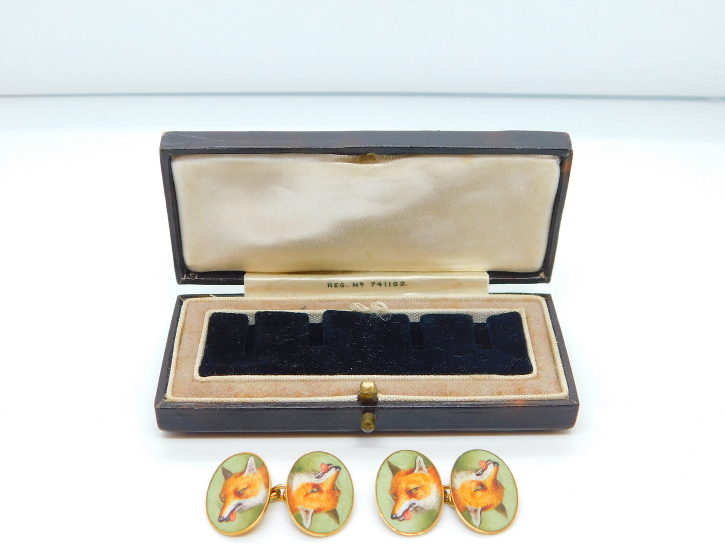 Victorian Boxed 18ct Yellow Gold & Enamel Fox Mask Gents Cufflinks Antique c1880