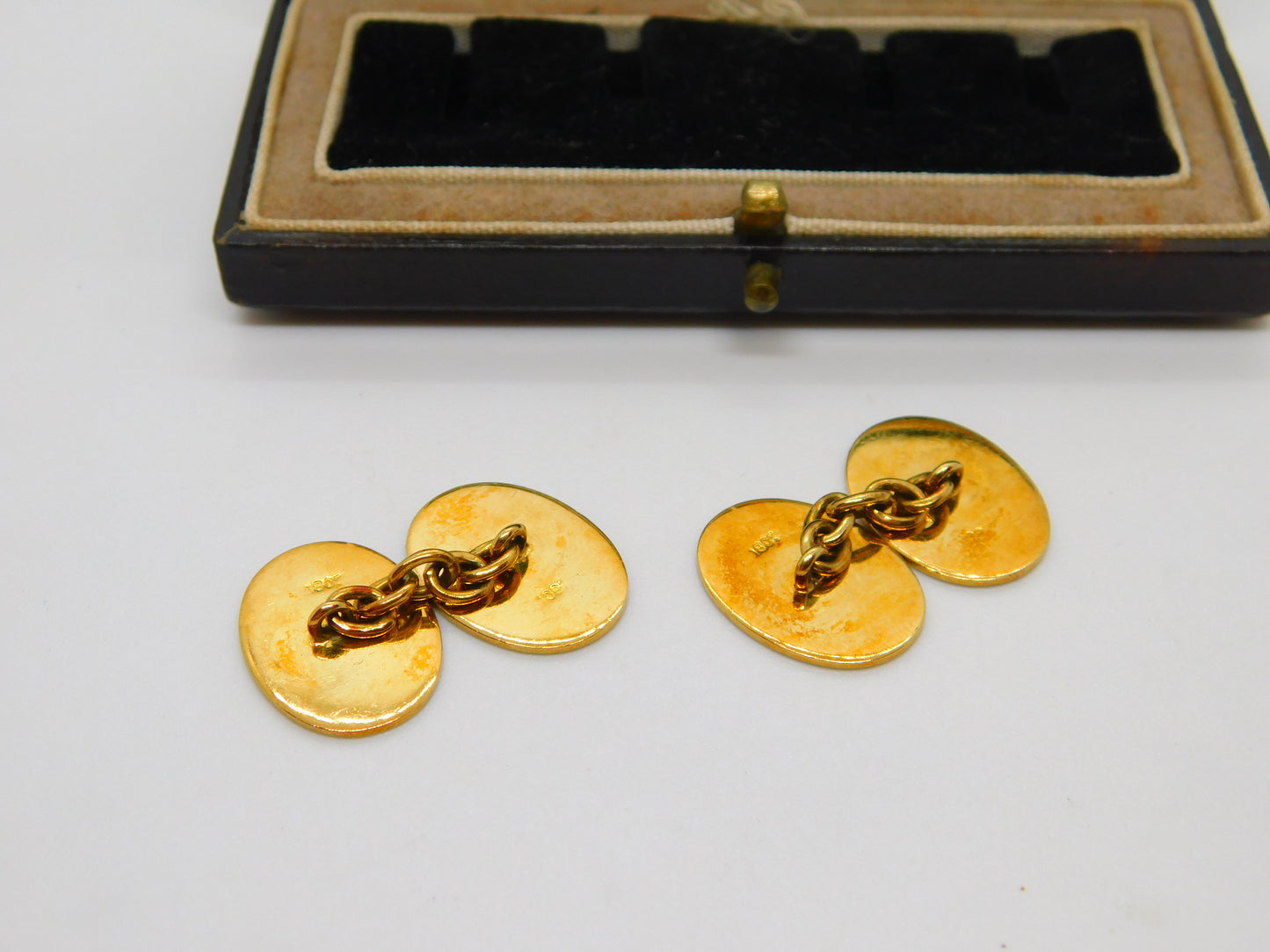 Victorian Boxed 18ct Yellow Gold & Enamel Fox Mask Gents Cufflinks Antique c1880