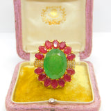Large 9ct Gold, Jadeite, Ruby & Diamond Floral Statement Ring Vintage c1980