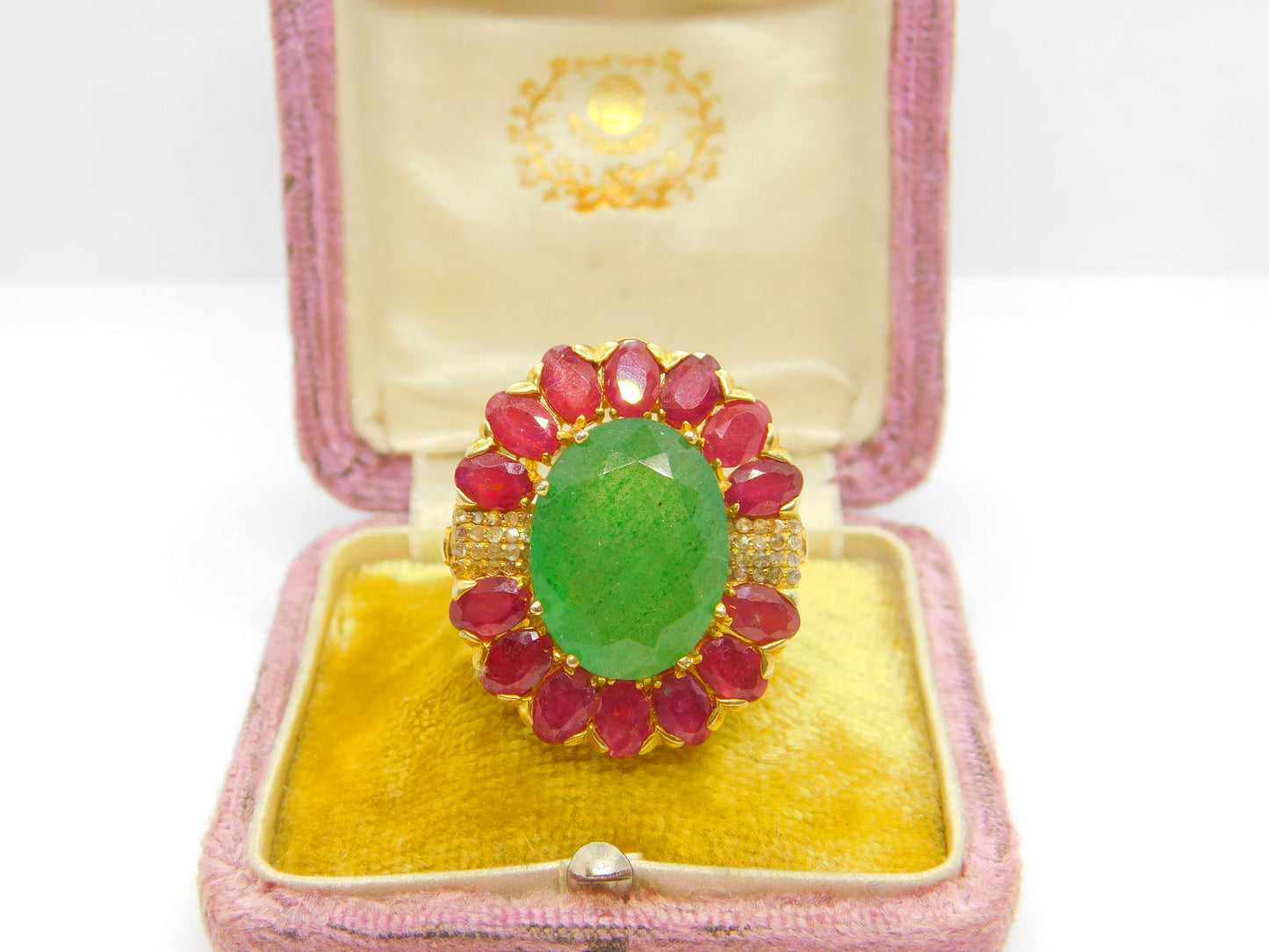 Large 9ct Gold, Jadeite, Ruby & Diamond Floral Statement Ring Vintage c1980