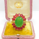 Large 9ct Gold, Jadeite, Ruby & Diamond Floral Statement Ring Vintage c1980