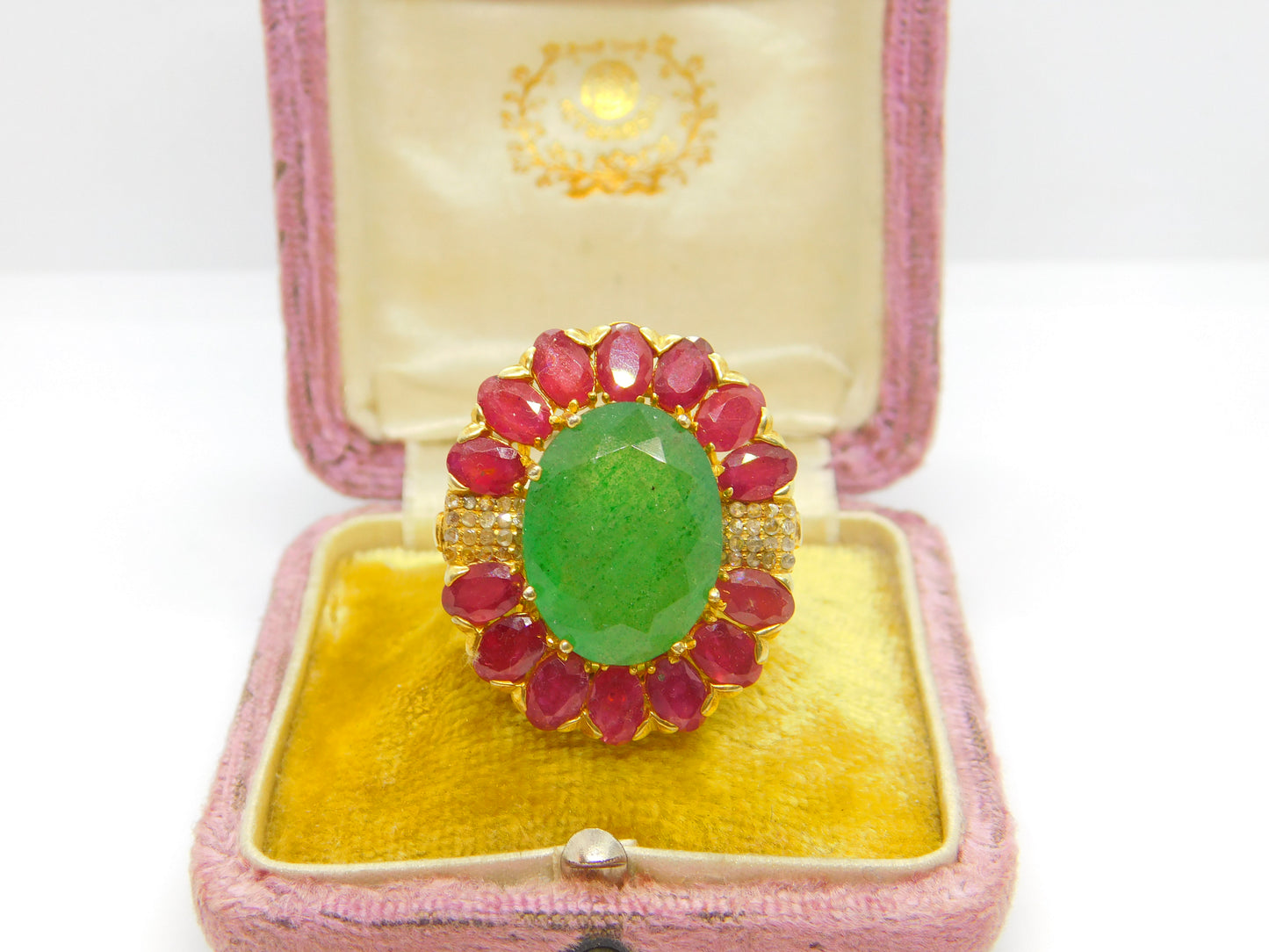 Large 9ct Gold, Jadeite, Ruby & Diamond Floral Statement Ring Vintage c1980