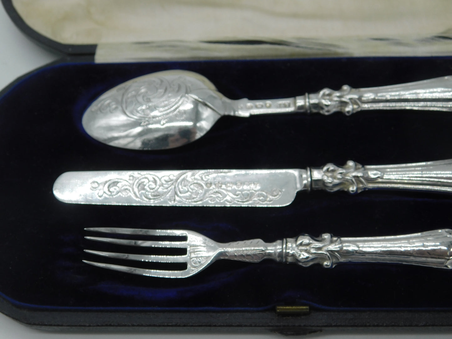 Victorian Boxed Sterling Silver Floral Christening Set 1865 Birmingham Antique