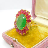 Large 9ct Gold, Jadeite, Ruby & Diamond Floral Statement Ring Vintage c1980