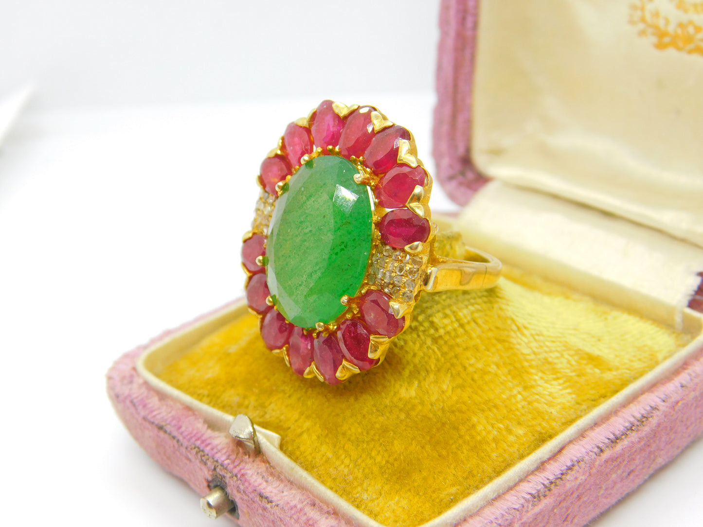 Large 9ct Gold, Jadeite, Ruby & Diamond Floral Statement Ring Vintage c1980