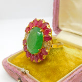 Large 9ct Gold, Jadeite, Ruby & Diamond Floral Statement Ring Vintage c1980
