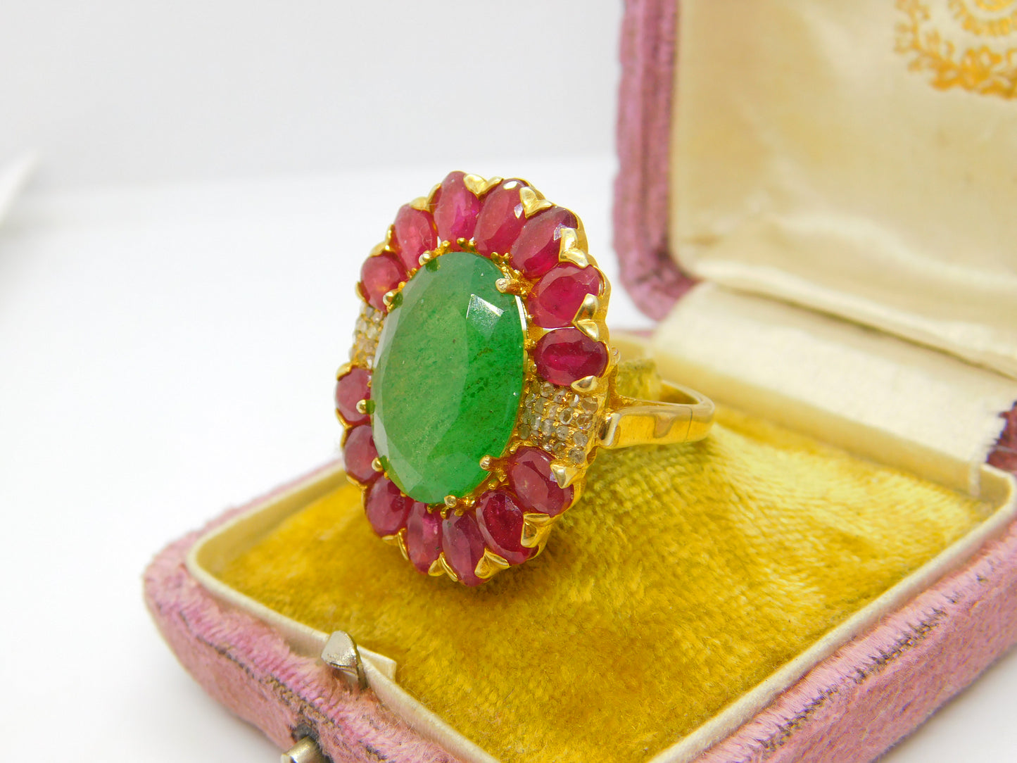 Large 9ct Gold, Jadeite, Ruby & Diamond Floral Statement Ring Vintage c1980