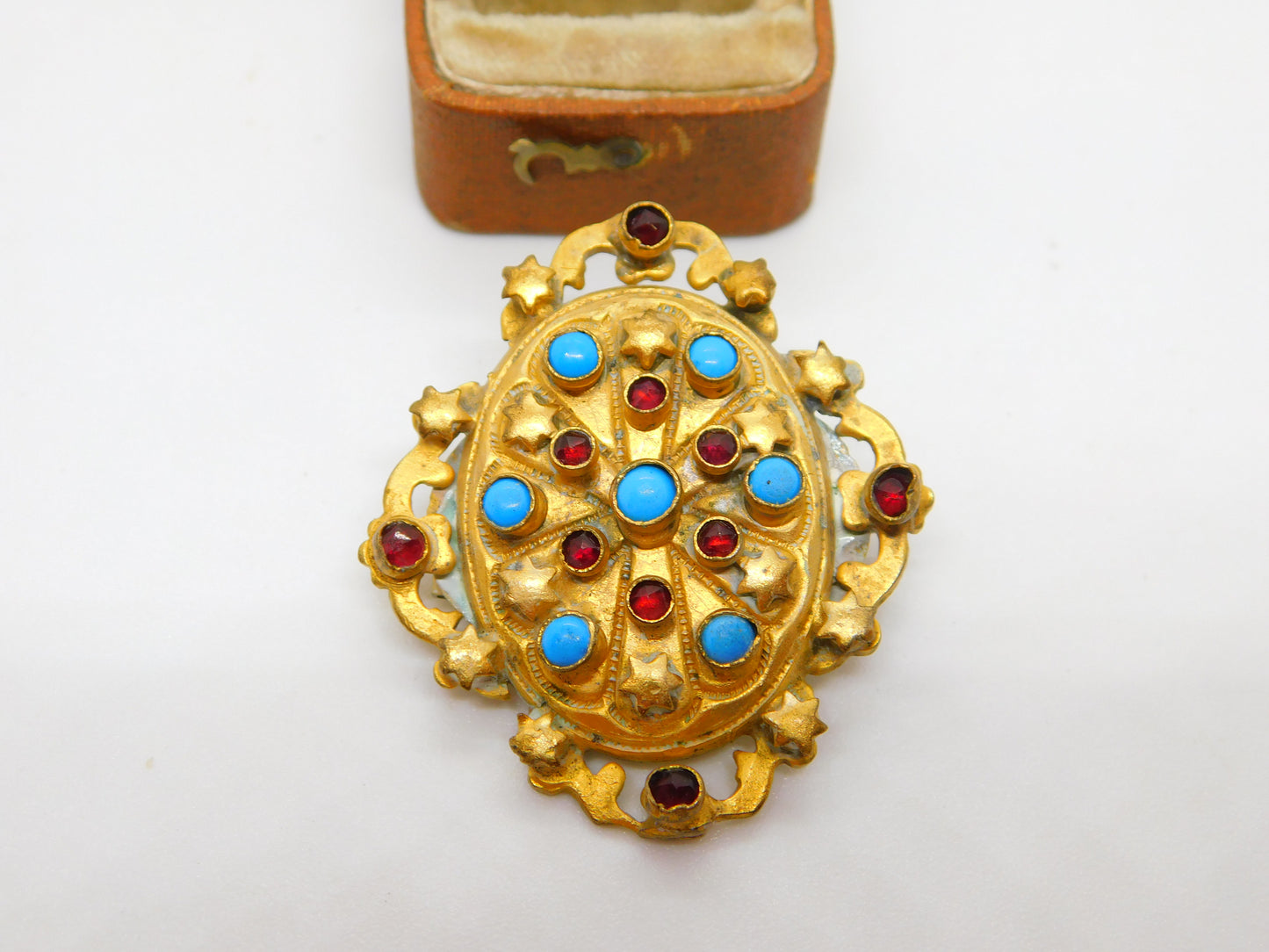 Victorian Austrian Pinchbeck Turquoise & Garnet Star Brooch c1840 Antique