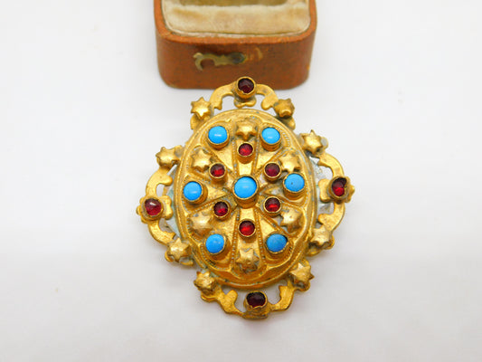 Victorian Austrian Pinchbeck Turquoise & Garnet Star Brooch c1840 Antique