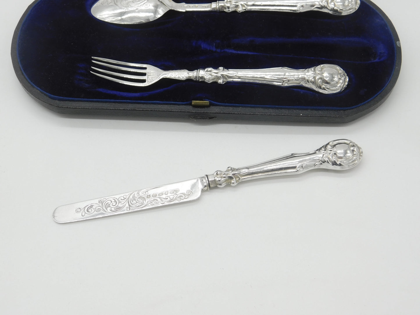 Victorian Boxed Sterling Silver Floral Christening Set 1865 Birmingham Antique