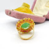 Large 9ct Gold, Jadeite, Ruby & Diamond Floral Statement Ring Vintage c1980