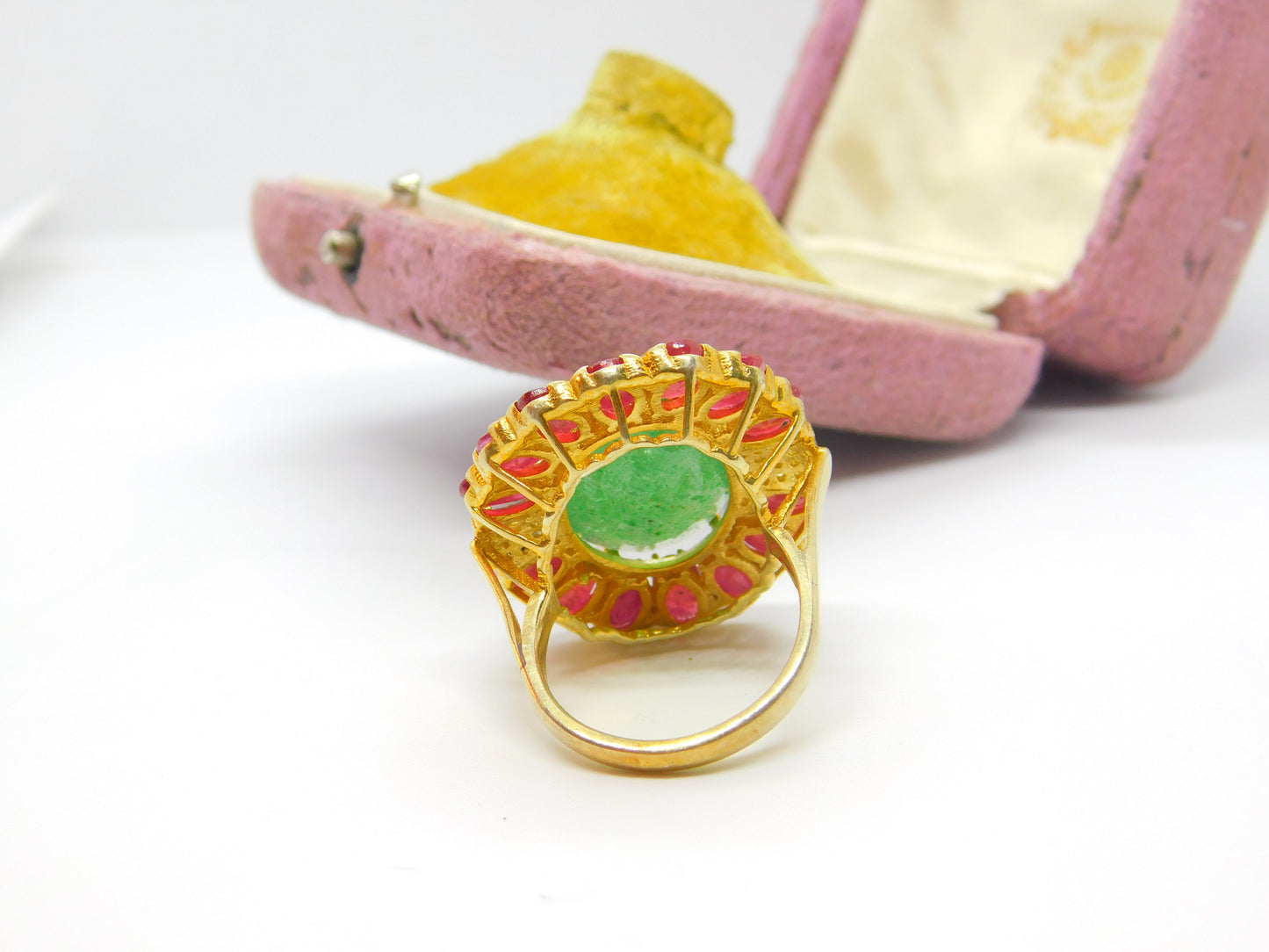 Large 9ct Gold, Jadeite, Ruby & Diamond Floral Statement Ring Vintage c1980