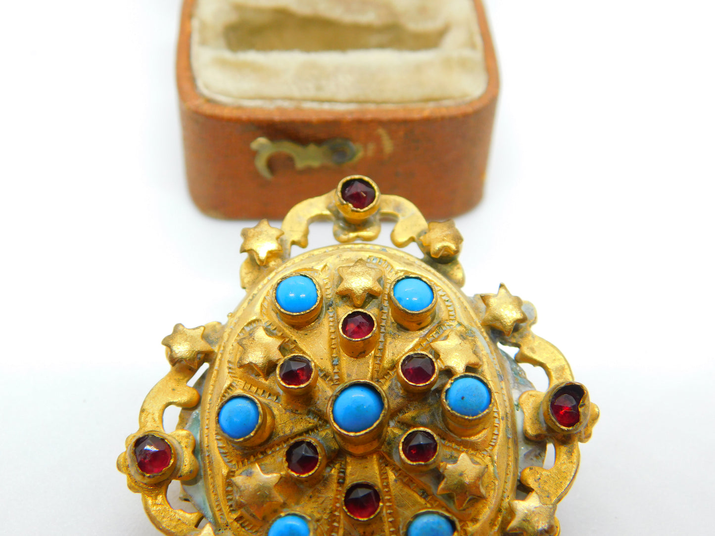 Victorian Austrian Pinchbeck Turquoise & Garnet Star Brooch c1840 Antique