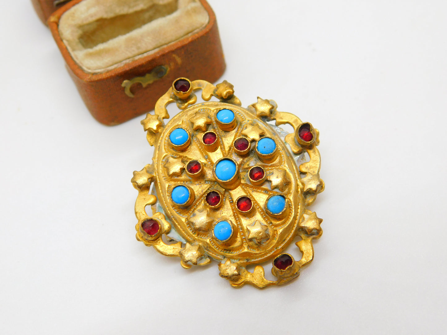 Victorian Austrian Pinchbeck Turquoise & Garnet Star Brooch c1840 Antique