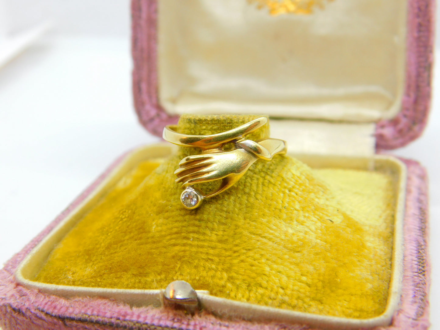 14ct Yellow Gold & White Spinel Set Hand Figa Dress Ring Vintage c1980