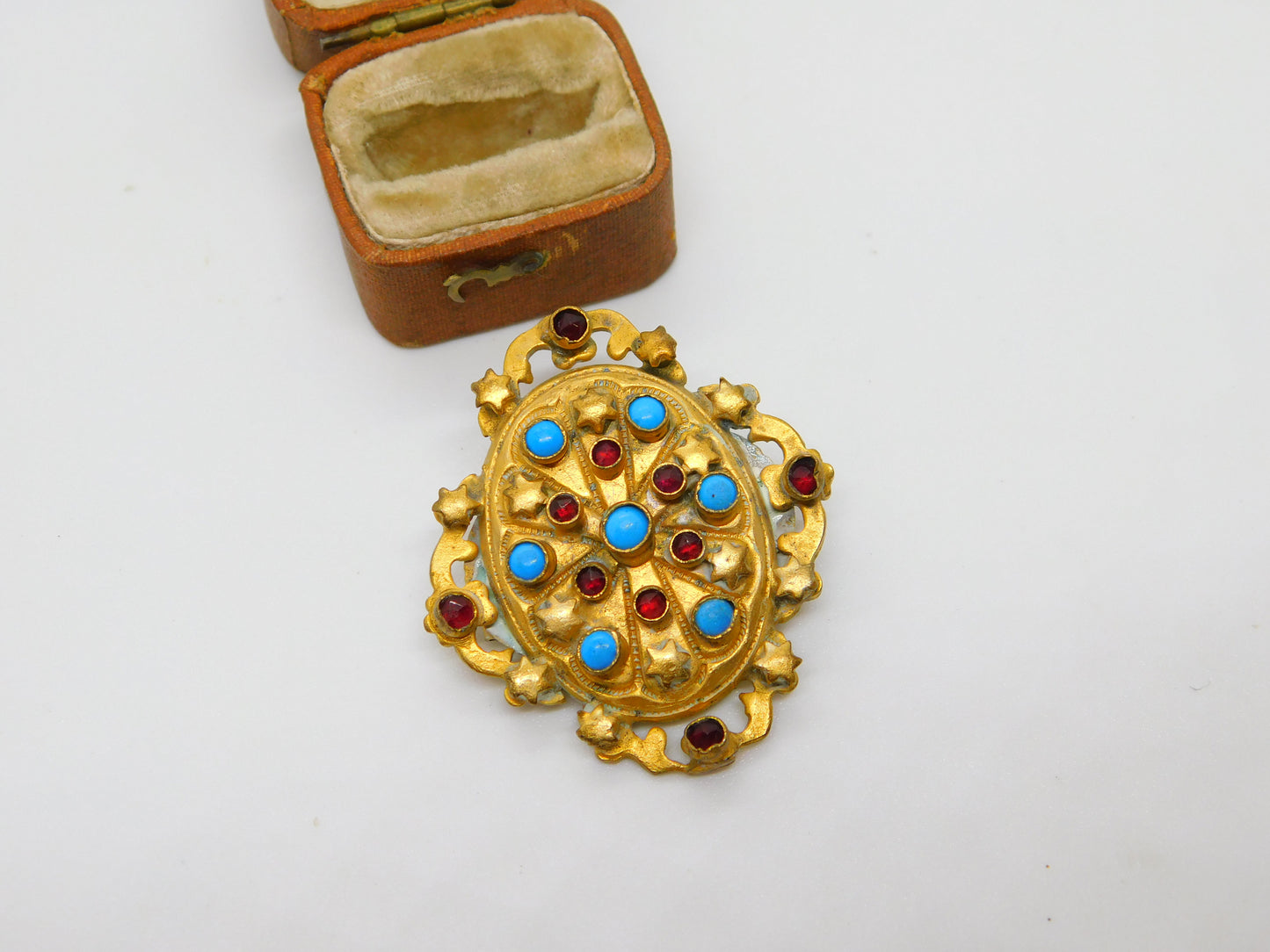 Victorian Austrian Pinchbeck Turquoise & Garnet Star Brooch c1840 Antique