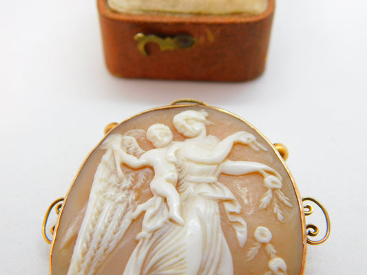 Victorian 9ct Gold Carved Shell Cameo Goddess Aphrodite Brooch Antique