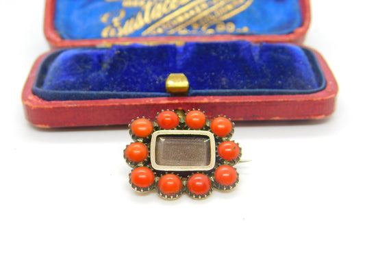 Georgian 9ct Rose Gold, Coral & Hair Set Locket Mourning Brooch c1820 Antique