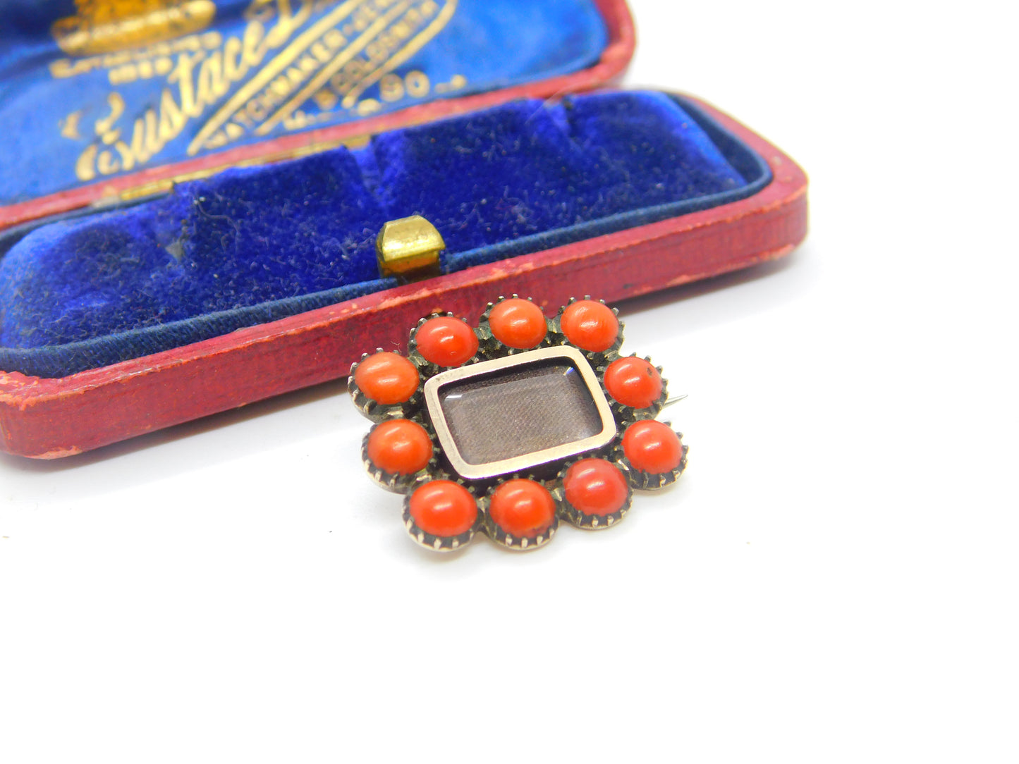 Georgian 9ct Rose Gold, Coral & Hair Set Locket Mourning Brooch c1820 Antique