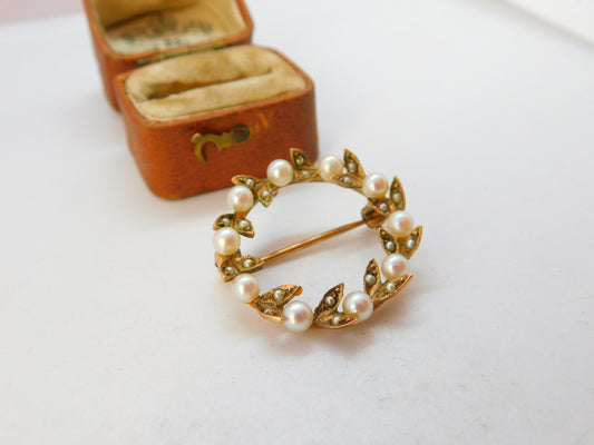 Edwardian 9ct Gold Seed Pearl Set Wreath Brooch c1910 Antique