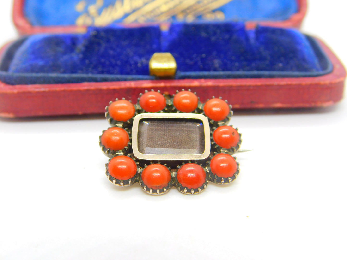 Georgian 9ct Rose Gold, Coral & Hair Set Locket Mourning Brooch c1820 Antique