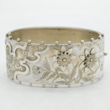 Victorian Sterling Silver Aesthetic Floral Cuff Bangle Bracelet Antique c1880s