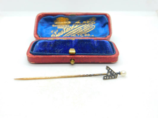 9ct Yellow Gold, Pearl & Diamond Set 'A' Initial Stick Pin Antique c1900