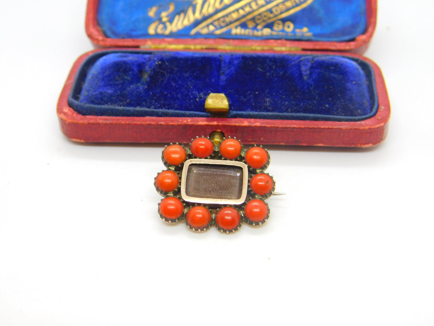 Georgian 9ct Rose Gold, Coral & Hair Set Locket Mourning Brooch c1820 Antique