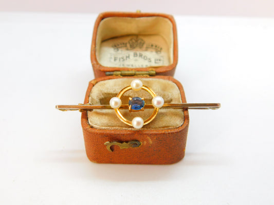 Edwardian 9ct Yellow Gold, Pearl & Sapphire Bar Brooch c1910 Antique