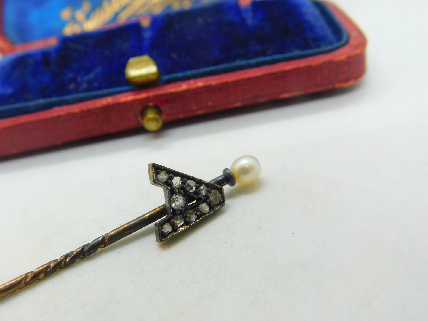 9ct Yellow Gold, Pearl & Diamond Set 'A' Initial Stick Pin Antique c1900