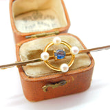 Edwardian 9ct Yellow Gold, Pearl & Sapphire Bar Brooch c1910 Antique