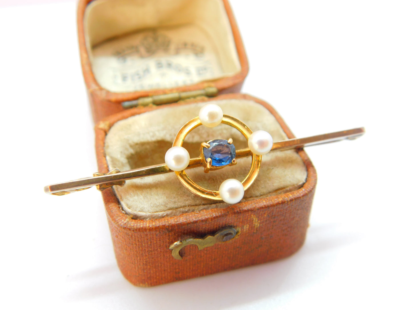 Edwardian 9ct Yellow Gold, Pearl & Sapphire Bar Brooch c1910 Antique