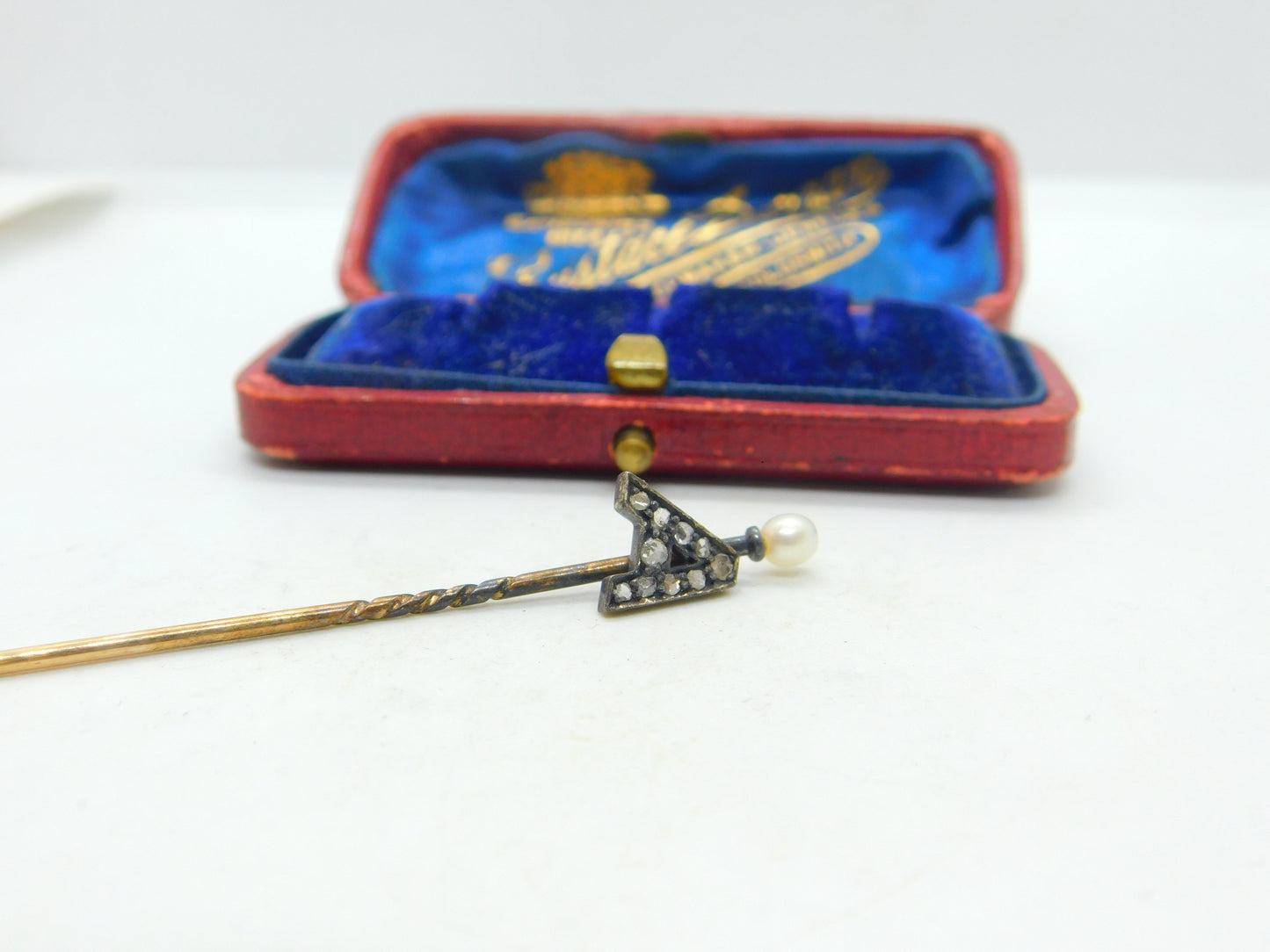 9ct Yellow Gold, Pearl & Diamond Set 'A' Initial Stick Pin Antique c1900