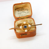 Edwardian 9ct Yellow Gold, Pearl & Sapphire Bar Brooch c1910 Antique