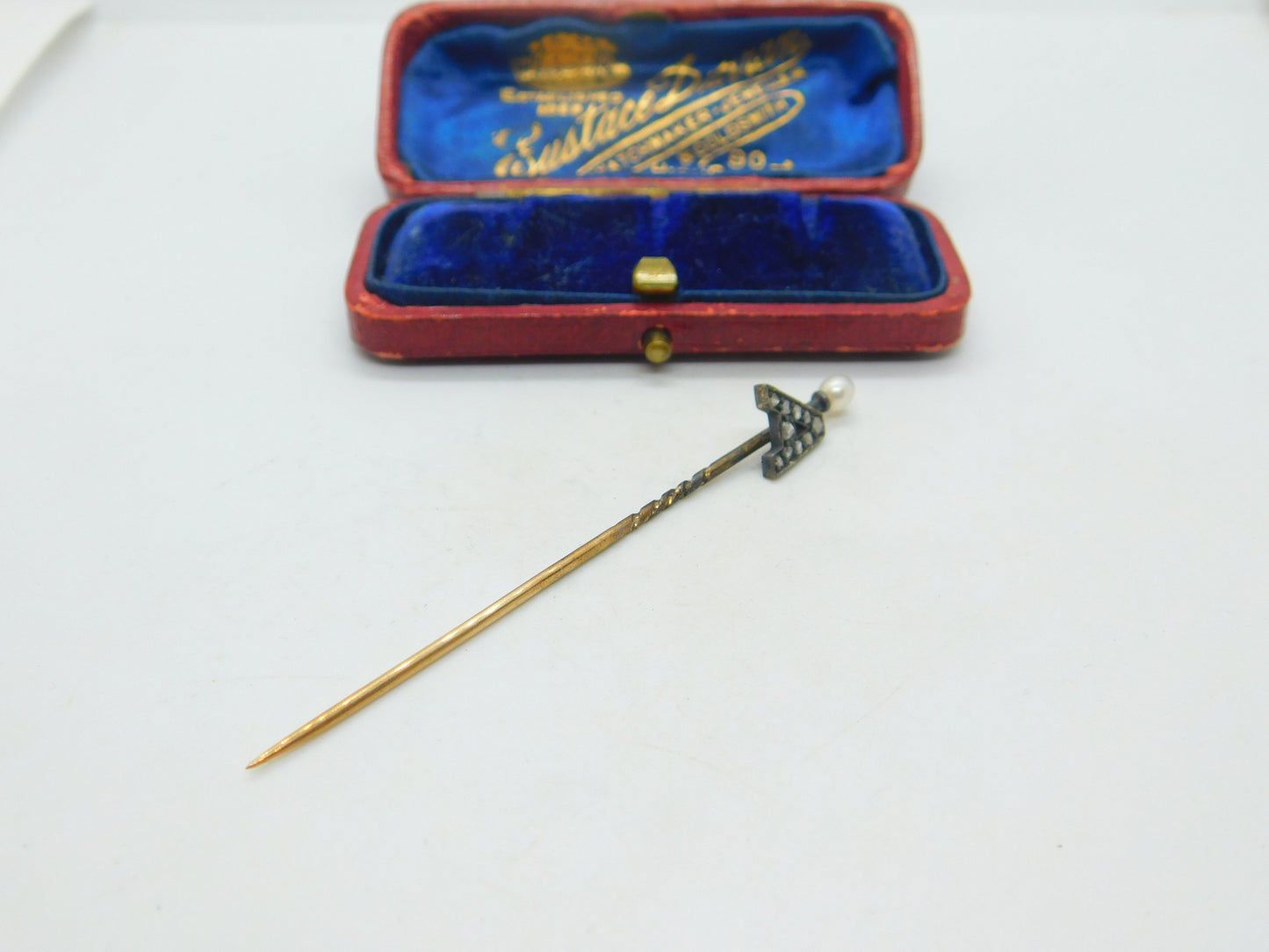 9ct Yellow Gold, Pearl & Diamond Set 'A' Initial Stick Pin Antique c1900