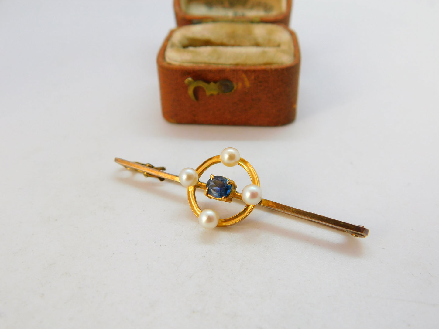 Edwardian 9ct Yellow Gold, Pearl & Sapphire Bar Brooch c1910 Antique