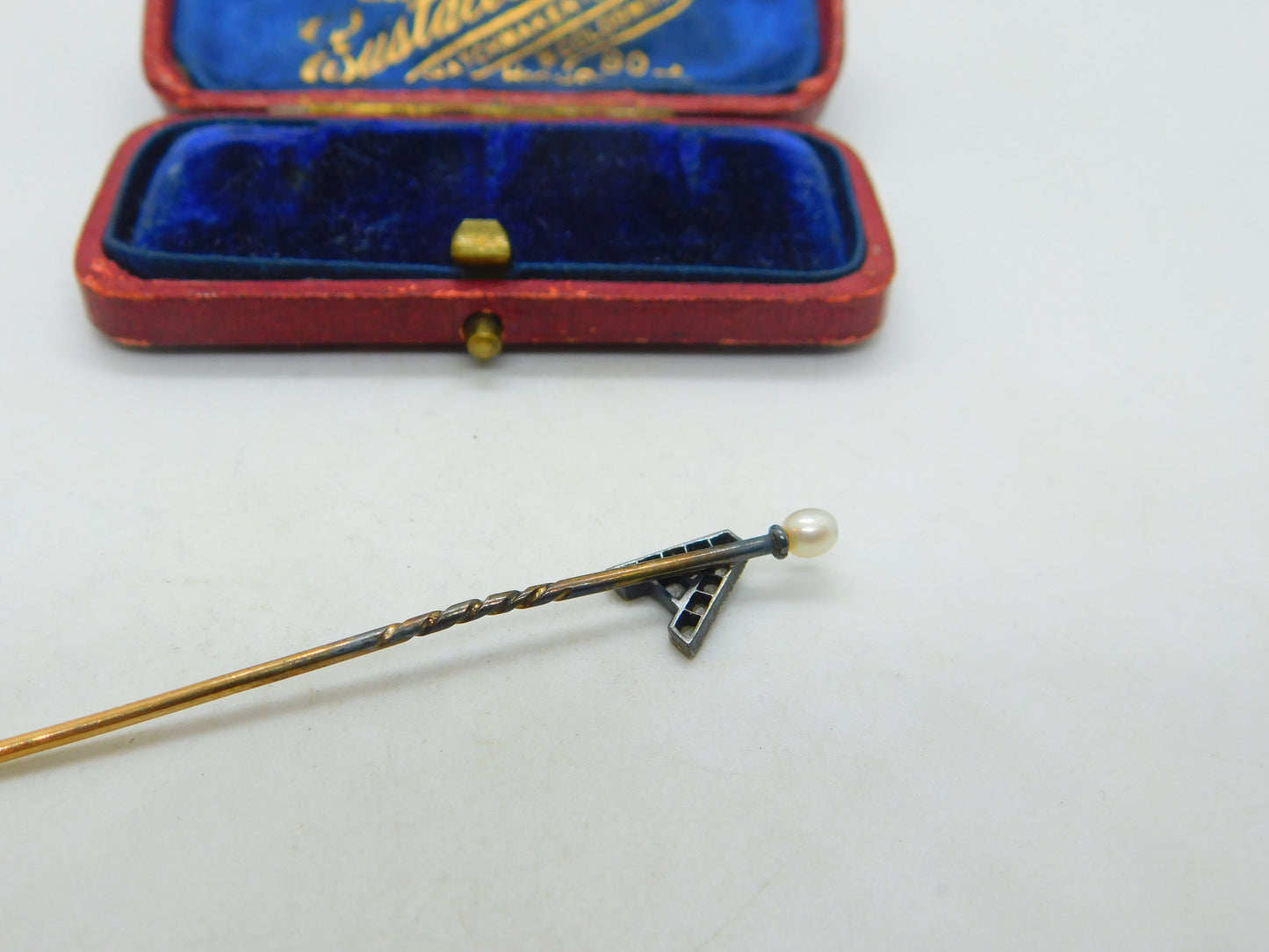 9ct Yellow Gold, Pearl & Diamond Set 'A' Initial Stick Pin Antique c1900